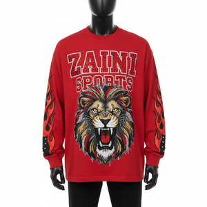 Camiseta de manga larga de algodón de alta calidad, transpirable, roja, con estampado gráfico llamativo y brillante para hombre - Product Image 1