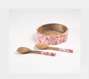 Bol de service en bois naturel de forme ronde avec un ensemble de serveurs à salade avec un design imprimé en émail Vaisselle Articles de cuisine Bol de service - Product Image 1