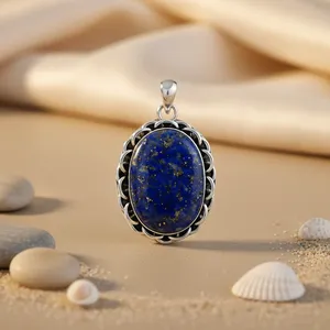 Pendentif ovale en lapis-lazuli en argent 925 fait à la main, bijoux religieux en pierres précieuses pour femmes avec pierre principale en or, numéro - Product Image 1