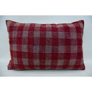 Acogedor 16x24 pulgadas Rojo Vintage Patrón Plaid Lana Kantha Almohada Tejida Técnica - Product Image 1