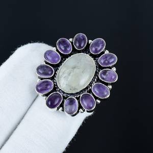 Natural Moonstone and Amethyst Gemstone Ring Handmade 925 Sterling Silver Rhodium Plated Luxury Vintage Jewelry Wedding Gift - Product Image 2
