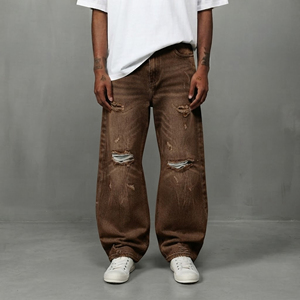 Customized 100% cotton Plus Size Hip Hop custom Embroidered Logo Streetwear Breathable Baggy Straight Denim Pant for Men's - Product Image 4