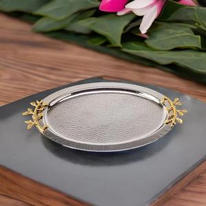 Bandejas para servir chocolate plateado martillado niquelado elegante de lujo de Venta caliente con mango de hoja de oro - Product Image 3