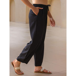 Pantalon large en coton noir pour femme, taille élastique, respirant, décontracté, style lanterne - Product Image 1