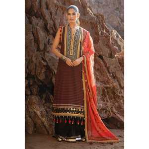 Conjunto de Traje de Chifón Bordado de 3 Piezas Sin Coser con Dupatta Bordada con Laca Dorada BM-52017 Accesorios de Moda para Mujer - Product Image 3