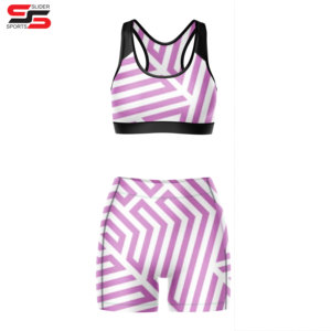 ชุดออกกำลังกายสำหรับผู้หญิง พิมพ์ลายแบบซับลิเมชั่น โลโก้สั่งทำได้ เอวสูง เสื้อชั้นในกีฬาและกางเกงขาสั้น ชุดโยคะ ชุดชั้นใน - Product Image 1