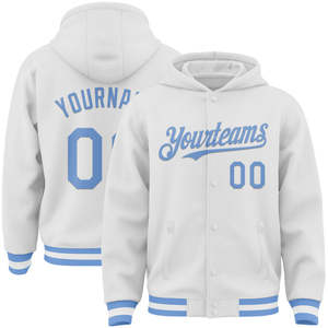 Chaqueta universitaria blanca personalizada con capucha, mangas blancas OEM estilo Letterman ropa de calle unisex al por mayor bajo MOQ proveedor duradero - Product Image 3