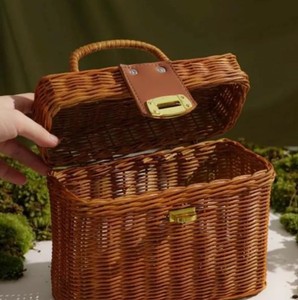Vintage Handwoven Rattan Picnic Box <b>Bag</b> | Vintage <b>Wicker</b> Purse with Handle | Boho Straw Box <b>Bag</b> for Summer - Product Image 3