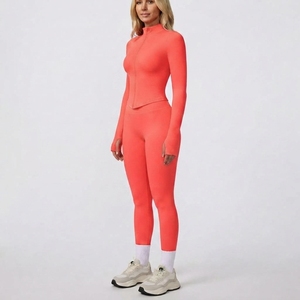Ensemble de vêtements de sport extensibles pour femmes, haut à manches longues avec fermeture éclair, leggings taille haute, vêtements de sport pour la course à pied et l'entraînement - Product Image 1
