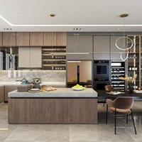 Sistem Kabinet Dapur Premium dari Baja Tahan Karat 304 dengan Kaca Motif Kayu dan Lapisan Pernis untuk Vila Mewah