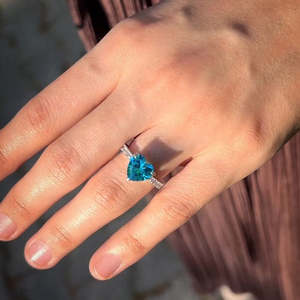 NOVAMART Fine Hallmark <b>Silver</b> Women's <b>Ring</b> Premium Aqua Blue Heart Prong <b>Set</b> Inlay Romantic Vintage 18K Gold Plating Trendy - Product Image 3