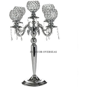 Look attrayant cristal clair perlé et argent brillant poli Top qualité métal fait 5 bras candélabre pièce maîtresse de Table de mariage - Product Image 1