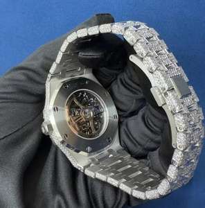 Reloj mecánico de lujo de edición limitada, esqueleto de acero inoxidable helado completo, diseño de esfera negra, reloj de diamante de moissanita automático - Product Image 3