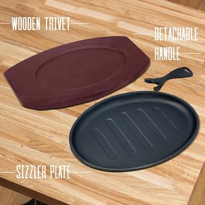 Classic Restaurant Style Sizzler Plate with Wooden Tray for Hot Serve Meals, <b>BBQ</b>, and Professional <b>Table</b> Display - Product Image 3