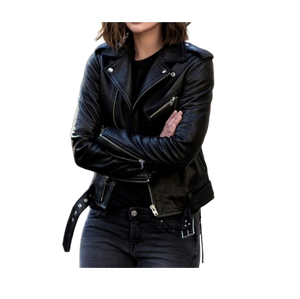 เสื้อแจ็คเก็ตหนังแท้ทรงสลิมฟิตสีดำสำหรับผู้หญิง สไตล์ไบค์เกอร์สุดเท่ - Product Image 1