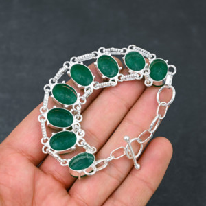 Lab-Created Green <b>Onyx</b> Gemstone Handmade Sterling Silver Plated Luxury Wedding <b>Bracelet</b> 7-8 Inches - Product Image 3