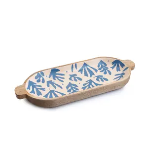 Plateau de service en bois imprimé feuille de bois de manguier plateau d'apéritif décoratif fait à la main Style rustique plat de service alimentaire ardoise - Product Image 5