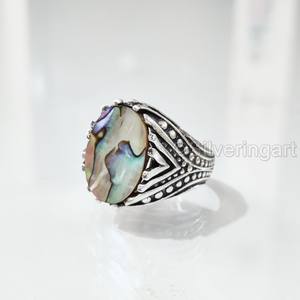 แหวนเงินแท้ 925 สำหรับผู้ชาย ประดับเปลือกหอยมุกอะบาโลนธรรมชาติ พร้อมพลอยประจำเดือนเกิด ทุกขนาด ของขวัญวันครบรอบแบบอาหรับ - Product Image 1