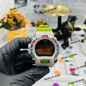 Reloj de Pulsera Digital Plateado con Incrustaciones de Diamantes Multicolores VVS Moissanite, Correa de Goma, Reloj de Lujo Brillante - Product Image 1