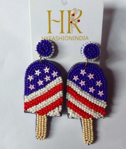 Vente en gros de boucles d'oreilles en perles plaqué or Popsicle fabriquées à la main style patriotique rouge blanc bleu pour les mariages cadeaux fêtes fiançailles - Product Image 2