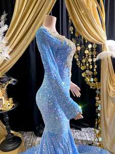 Fait à la main élégant sirène parole longueur robe de soirée taille naturelle strass cristal Applique respirant bleu maille anniversaire - Product Image 4