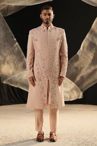 NEW STUNNING EMBROIDERY on LIGHT PEACH SHERWANI & <b>PANT</b> WITH MATCHING SHOE WITH EMBELLISHED CRYSTAL GLASS BEADS,DABKA WORK@2024 - Product Image 2