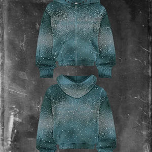 เสื้อสเวตเชิ้ตหนานุ่มแบบซิป ทรงโอเวอร์ไซส์ สำหรับฤดูหนาว  แบบยูนิเซ็กซ์  ตกแต่งด้วยคริสตัลและมุกที่ฮู้ด  พร้อมลายพิมพ์นูนที่แขนเสื้อ - Product Image 3