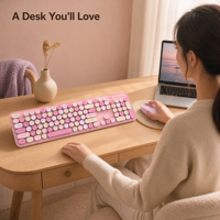 Ensemble clavier et souris sans fil USB rétro haut de gamme, touches rondes silencieuses, ultra-minces et ergonomiques, pour femmes, filles et enfants