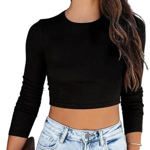Nueva moda mujer sólido verano Crop Top camiseta Slim Fit mujer Casual transpirable camisa de manga larga - Product Image 2