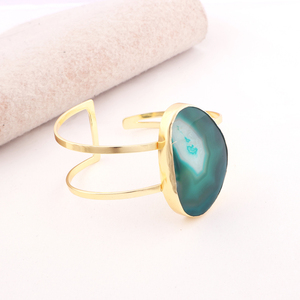 Brazalete ajustable de ágata verde de piedra grande natural de alta calidad, Collar chapado en oro de 18 quilates, brazalete abierto de doble banda - Product Image 3