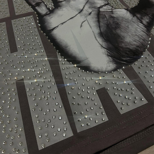 High Quality Oversize Boxy <b>Cropped</b> T Shirt For <b>Men</b> Hip Hop Style Graphic Tee With Distressed Hem Rhinestone Transfer Streetwear - Product Image 3