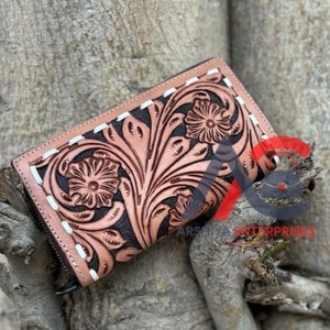 New Western Stylish Color Real Tooled Leather Women Clutch Hot Selling Compact Size Brown Color Tooled Leather <b>Wristlet</b> Clutches - Product Image 1