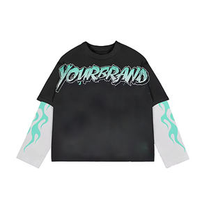 Custom Oversized Streetwear Distressed Full Print Graphic <b>Flame</b> Sleeves Y2K Double Layer Long Sleeve T-<b>shirt</b> - Product Image 2