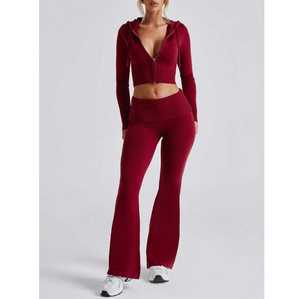 Conjunto Deportivo Informal de Invierno para Mujer, Dos Piezas, Sudadera con Capucha Lisa, Pantalones de Chándal Acampanados, Logotipo Personalizado 2026 - Product Image 4