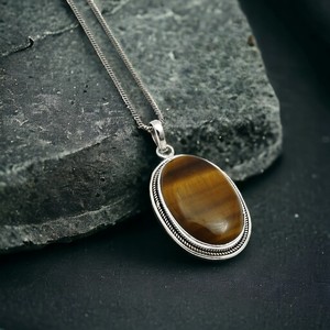 Vente chaude bonne qualité Style classique oeil de tigre naturel grande pierre précieuse 925 en argent Sterling forme ovale pendentif bijoux faits à la main - Product Image 2