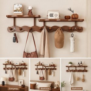 Natural Wood <b>Wall</b> Hook Rack Wooden Coat Hanger Entryway Storage <b>Shelf</b> Bathroom Organizer 4 6 8 Hooks - Product Image 5