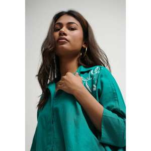 Ensemble coordonné pour femme, style gothique, floral, paisley, vert, coton, chemise brodée surdimensionnée, pantalon droit, vêtements décontractés pour se détendre - Product Image 3