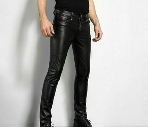 Pantalon en cuir véritable style rock pour hommes Pantalon de danse de boîte de nuit Pantalon de moto slim en cuir véritable pour hommes - Product Image 2
