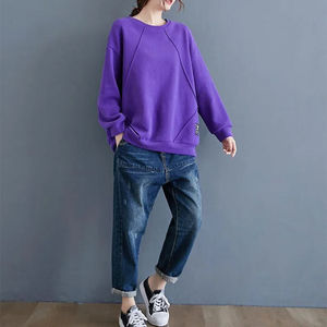 เสื้อสเวตเตอร์แขนยาวสำหรับผู้หญิง, เสื้อสเวตเตอร์ปะต่อสีพื้นทรงหลวมคอกลมเสื้อสวมหัวแฟชั่นลำลองระบายอากาศได้ดีสำหรับฤดูใบไม้ร่วงฤดูหนาว - Product Image 4