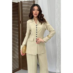 Beige Buttoned Jacket And Trousers <b>Set</b> - Beige - Product Image 2