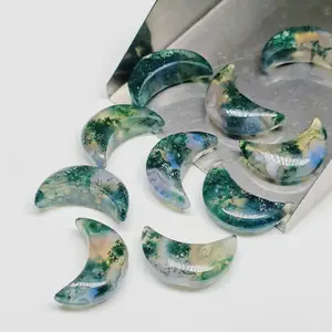 Moss Agate Carving Moon Briolette Green Moss Agate Cabochon Hand Carved Moon Smooth Gemstone Crescent Moon In Bulk