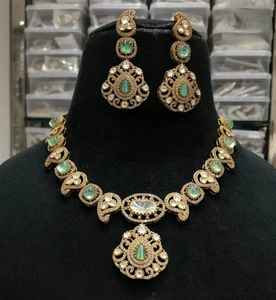 Designer Polki <b>Necklace</b> Set with Earrings Matt Gold Plated Brass Bridal Jewelry for <b>Weddings</b> & Parties for Engagement - Product Image 1