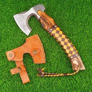 SCL- Hand Forged Mini Viking 14 Inches ASH Wood Handle Axe For Hatched With Multi-Shade Leather Warp on it New Etching Axe Head - Product Image 1
