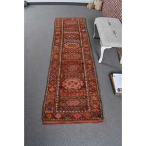 2.7x9.4 ft Vintage Rug, Turkish <b>Runner</b> Rug, <b>Red</b> Abstract Wool Rug - Product Image 1