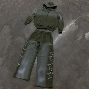 Heavyweight Cotton French Terry Two-Piece <b>Hoodie</b> Set for Men Custom Vintage Washed Oversized Sun-Faded Rhinestone Tracksuit - Product Image 2