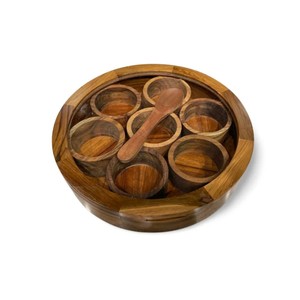 Caja de Especias Redonda de Madera de Palisandro Hecha a Mano, con Tapa de Vidrio Transparente, 7 Contenedores, 1 Cuchara, Hecho a Mano, Venta al Por Mayor - Product Image 2