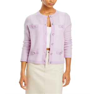 Cardigan XL con Collo a Girocollo di C by Bloomingdale's in Cashmere e Tweed Blu con Decorazioni in Pizzo e Motivo Autunnale Stampato - Product Image 1