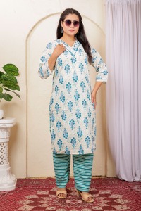 Kurta Larga Informal de Algodón Orgánico Puro, Tejida, Lavable, de Corte Recto (Mangas 3/4) con Pantalón (Cintura Elástica, Cuello Bordado) - Product Image 4