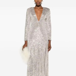 Adultes Robe Solide Sirène Silhouette Chaude Sexy Col V Broderie Découpée Côté Manches Longues Longueur Sol Perle Avant Perlé - Product Image 1