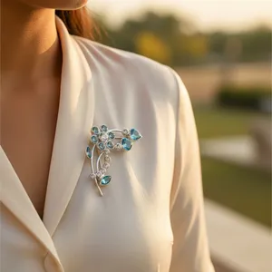 <b>Women's</b> 925 Silver Floral <b>Brooch</b> with Blue Gemstones and Pear-Shaped Plated Rhinestone and Diamond for Fashion Jewelry or Gift - Product Image 2